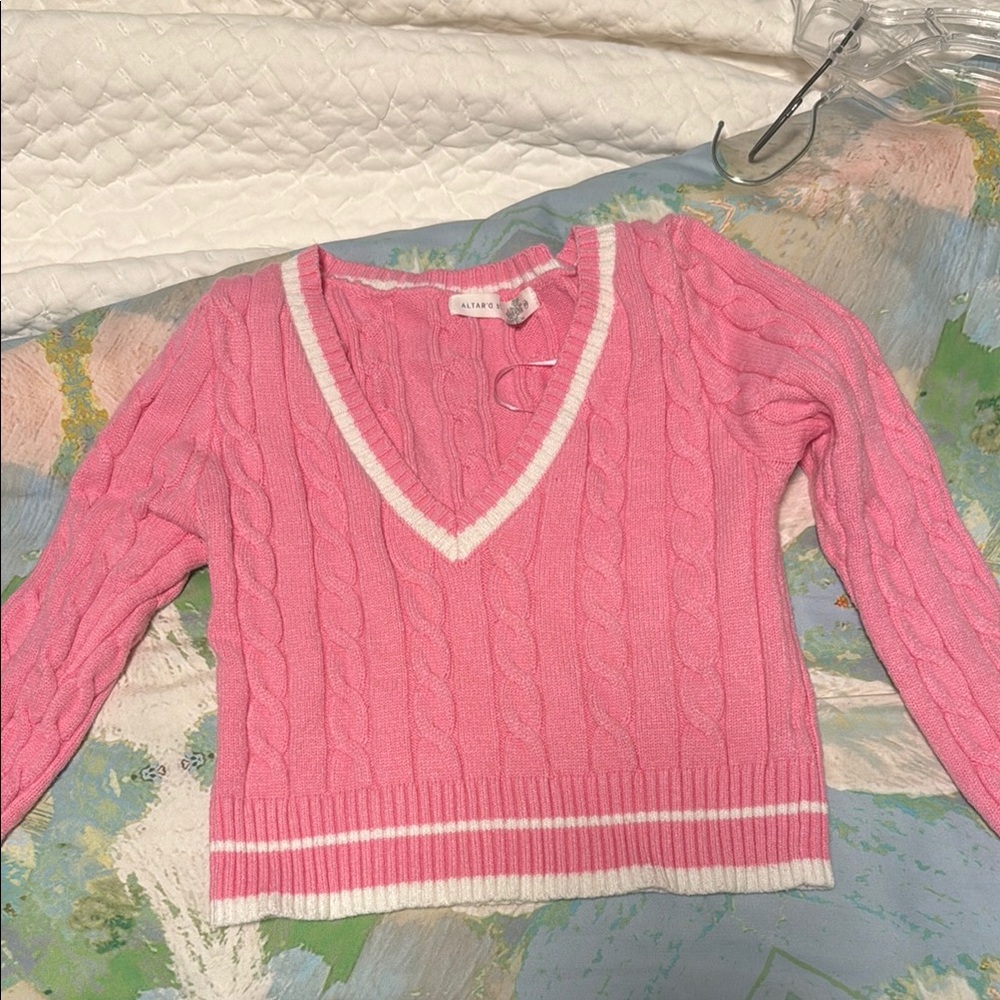Altar'd State Coral Cable Knit V-Neck Sweater
